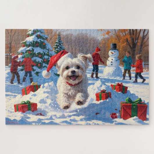雪の中を走るマルチーズ犬のクリスマス帽 ジグソーパズル (横)