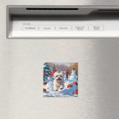 雪の中を走るマルチーズ犬のクリスマス帽 マグネット (インサイチュ (食洗機))