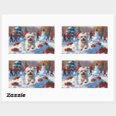 雪の中を走るマルチーズ犬のクリスマス帽 長方形シール (シート)