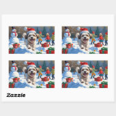 雪の中を走るマルチーズ・シーズー（クリスマス帽子付き） 長方形シール (シート)