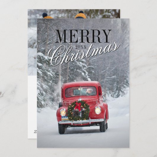 雪の中を走る赤いピックアップトラック シーズンカード (正面/裏面)