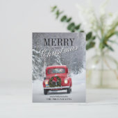 雪の中を走る赤いピックアップトラック シーズンポストカード (スタンド正面)