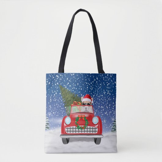 雪の中を車を運転するコーギー犬 クリスマス トートバッグ (正面)