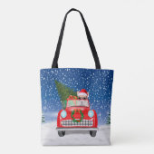 雪の中を車を運転するコーギー犬 クリスマス トートバッグ (裏面)