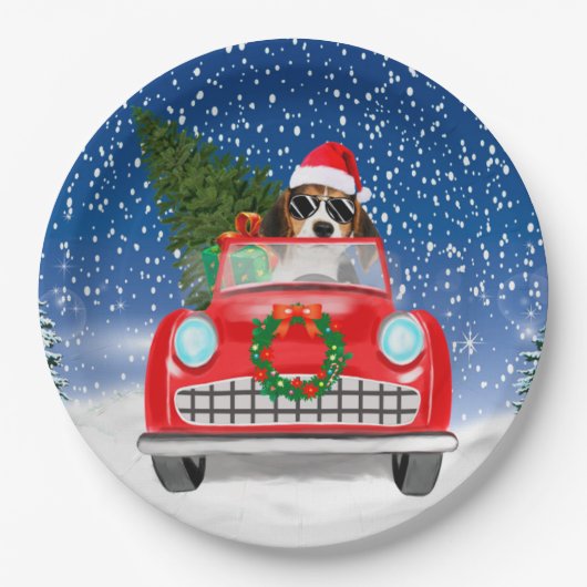 雪の中を運転するビーグル犬 クリスマス ペーパープレート (正面)