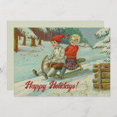 雪の中を雪で滑るヴィンテージクリスマス シーズンカード (正面/裏面)