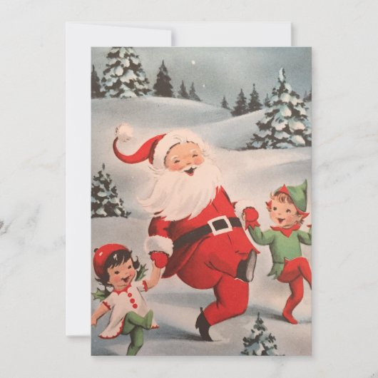 雪の中を飛ぶ子供たちがいるビンテージクリスマスサンタ シーズンカード (正面)