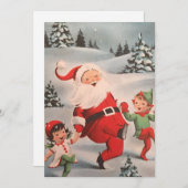 雪の中を飛ぶ子供たちがいるビンテージクリスマスサンタ シーズンカード (正面/裏面)