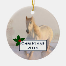 雪の中を駆ける美しい白馬 セラミックオーナメント