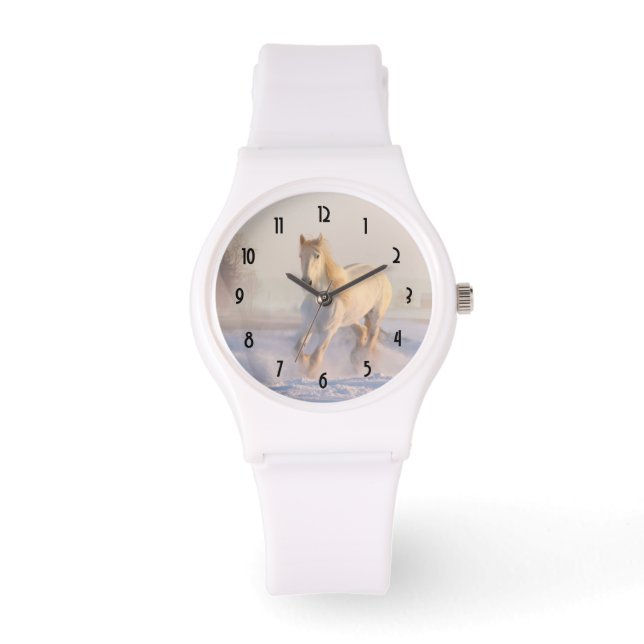 雪の中を駆ける美しい白馬 腕時計 (正面)