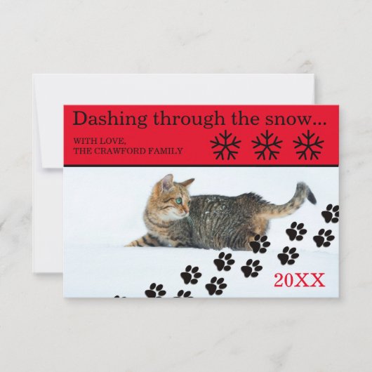 雪の中を駆け抜ける猫 - クリスマスカード 3x5 招待状 (正面)