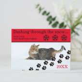 雪の中を駆け抜ける猫 - クリスマスカード 3x5 招待状 (スタンド正面)