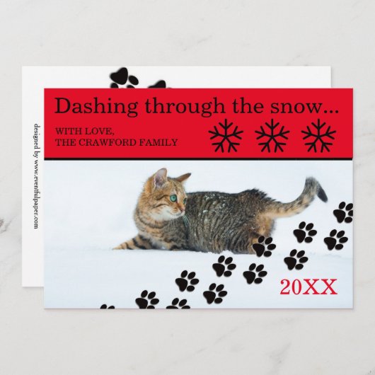 雪の中を駆け抜ける猫 – 3x5クリスマスカード シーズンカード (正面/裏面)