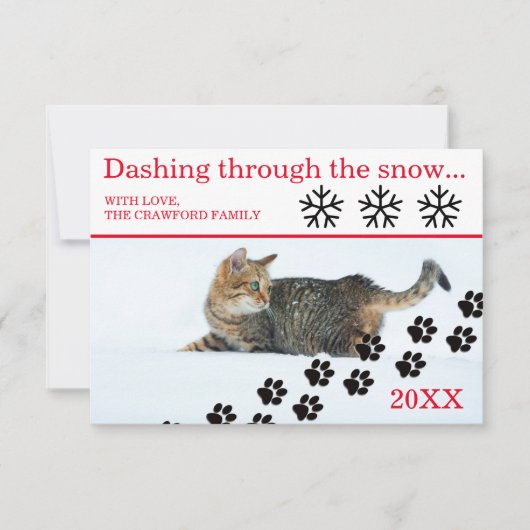 雪の中を駆け抜ける猫 - 3x5 クリスマスカード 招待状 (正面)