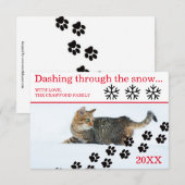 雪の中を駆け抜ける猫 - 3x5 クリスマスカード 招待状 (正面/裏面)