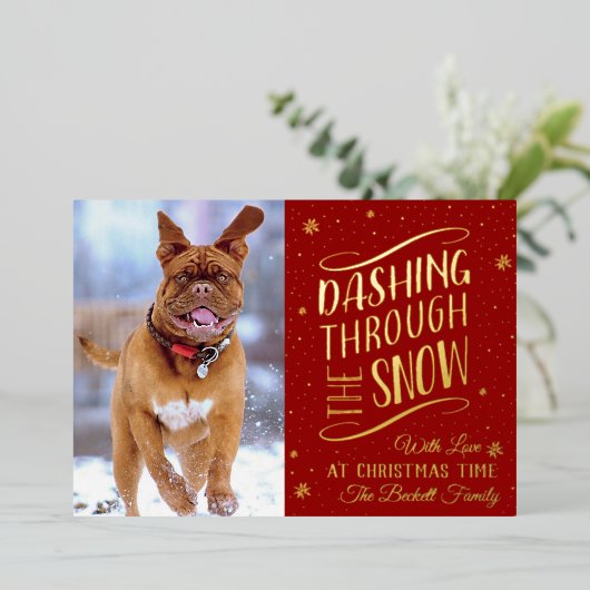 雪の中を駆け抜ける |クリスマスフォト実在 箔シーズンカード (立ち正面)