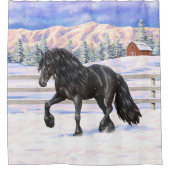 雪の中を駆け荷車を引く回る黒馬 シャワーカーテン (正面)