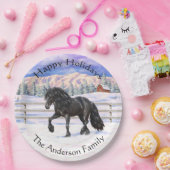 雪の中を駆け荷車を引く回る黒馬 ペーパープレート (パーティー)