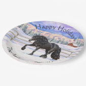 雪の中を駆け荷車を引く回る黒馬 ペーパープレート (アングル)