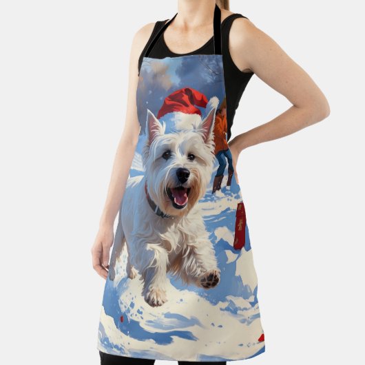 雪の中走でクリスマス帽子とウェスティーの帽子 エプロン (インサイチュ)