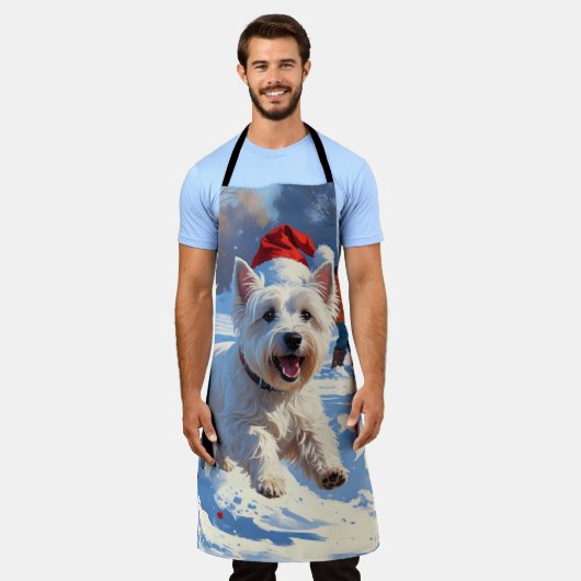 雪の中走でクリスマス帽子とウェスティーの帽子 エプロン (着用した状態)