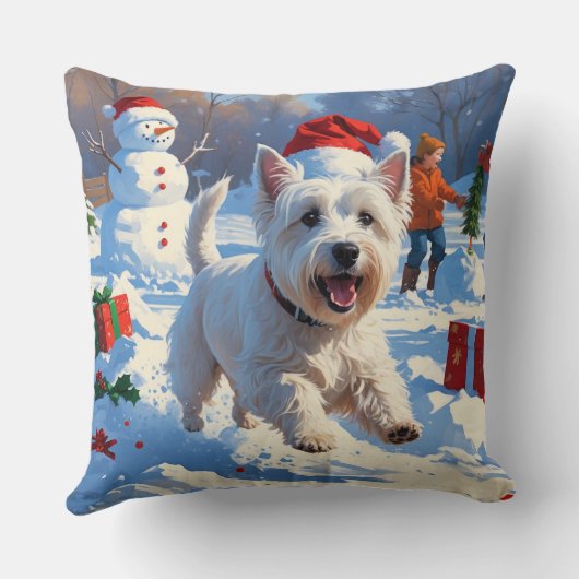 雪の中走でクリスマス帽子とウェスティーの帽子 クッション (裏面)