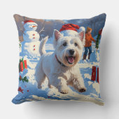 雪の中走でクリスマス帽子とウェスティーの帽子 クッション (正面)