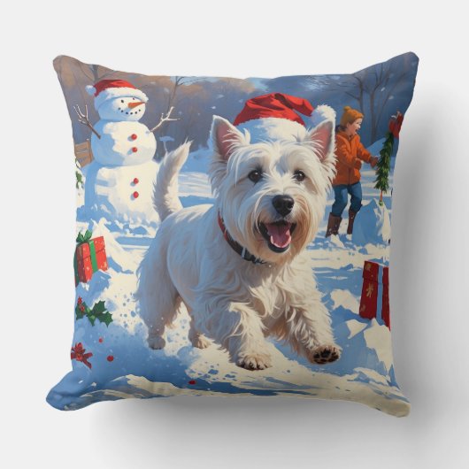 雪の中走でクリスマス帽子とウェスティーの帽子 クッション (正面)