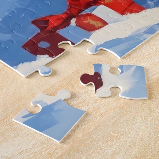 雪の中走でクリスマス帽子とウェスティーの帽子 ジグソーパズル (側面)