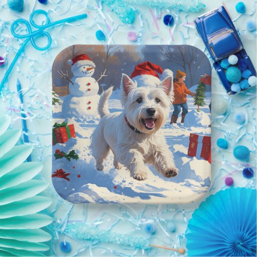 雪の中走でクリスマス帽子とウェスティーの帽子 ペーパープレート (パーティー)