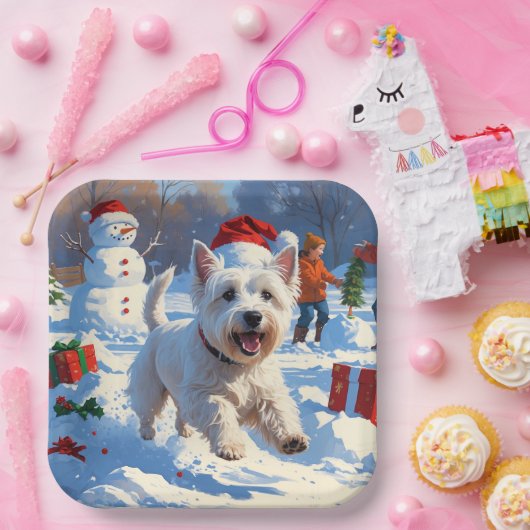 雪の中走でクリスマス帽子とウェスティーの帽子 ペーパープレート (パーティー)