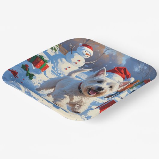 雪の中走でクリスマス帽子とウェスティーの帽子 ペーパープレート (傾斜あり)