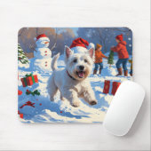 雪の中走でクリスマス帽子とウェスティーの帽子 マウスパッド (マウス)