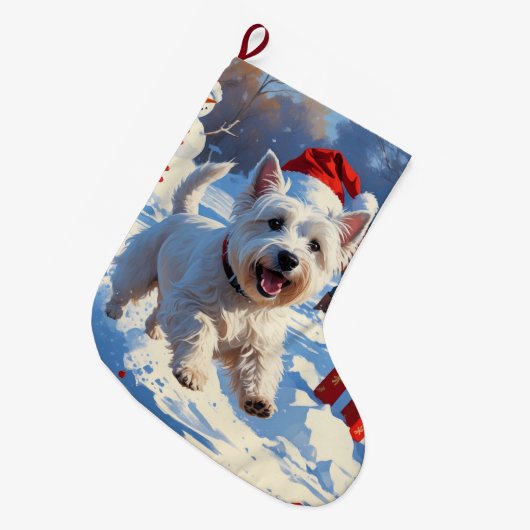 雪の中走でクリスマス帽子とウェスティーの帽子 ラージクリスマスストッキング (正面 (吊り時))