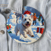 雪の中走でクリスマス帽子とウェスティーの帽子 缶バッジ (インサイチュ)