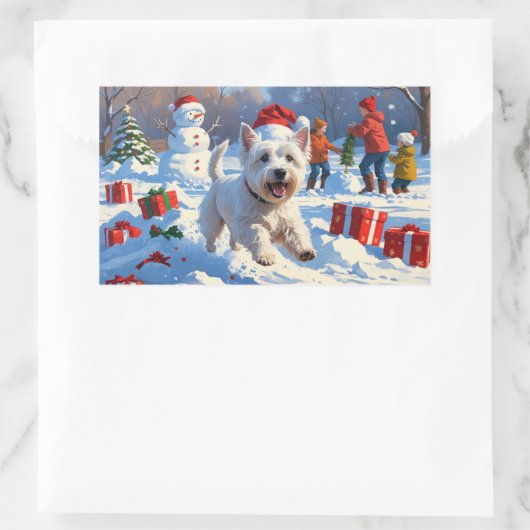 雪の中走でクリスマス帽子とウェスティーの帽子 長方形シール (バッグ)