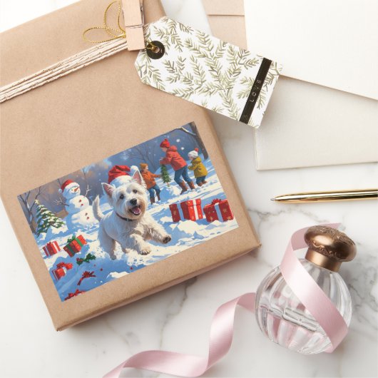 雪の中走でクリスマス帽子とウェスティーの帽子 長方形シール (ギフト)