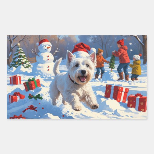 雪の中走でクリスマス帽子とウェスティーの帽子 長方形シール (正面)