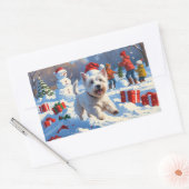 雪の中走でクリスマス帽子とウェスティーの帽子 長方形シール (封筒)