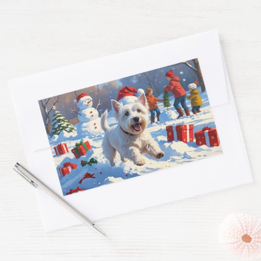 雪の中走でクリスマス帽子とウェスティーの帽子 長方形シール (封筒)