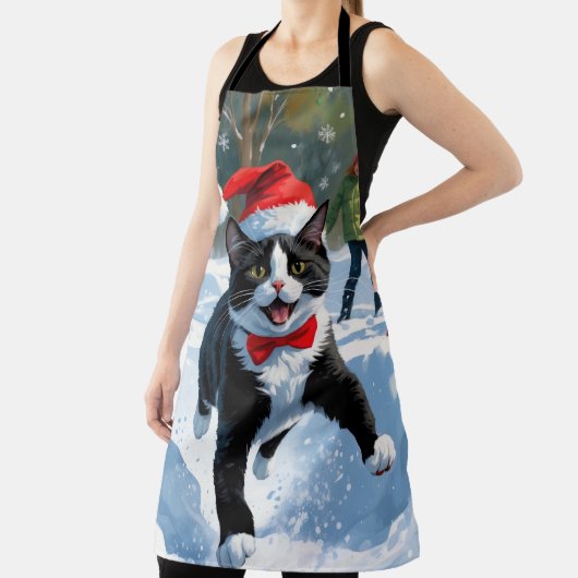 雪の中走のタキシード猫の帽子 エプロン (インサイチュ)