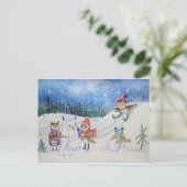 雪の中遊にフクロウがいる シーズンポストカード (スタンド正面)