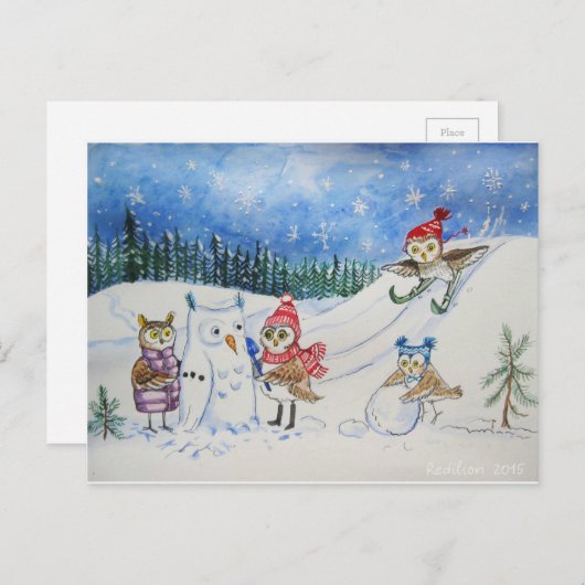 雪の中遊にフクロウがいる シーズンポストカード (正面/裏面)