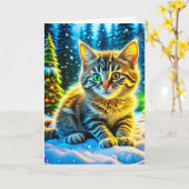 雪の中遊の聖降誕祭の子猫 カード (黄色い花)