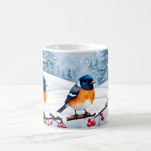 雪の中、かわいい小さな鳥たち コーヒーマグカップ (中央)