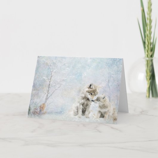 雪の中、かわいい森林の動物たちがコヨーテに集まる カード (正面)