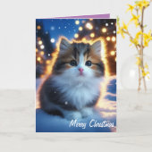 雪の中、メリークリスマスかわいい子猫 カード (黄色い花)