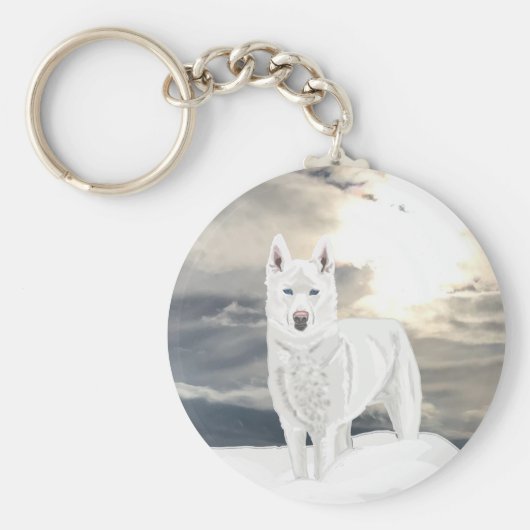 雪の中、青い目をした、白いハスキー キーホルダー (正面)
