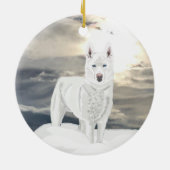 雪の中、青い目をした、白いハスキー セラミックオーナメント (裏面)