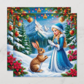 雪の乙女がウサギと共に冬の森の風景の中で シーズンカード (正面/裏面)